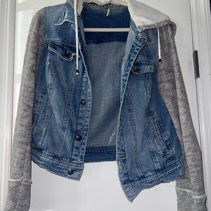 Free People Denim Jacket with Gray Knit Hoodie Sleeves